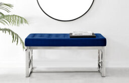 Furniturebox Uk Cambridge Modern Navy Blue Velvet & Silver Metal Bench - thumbnail 3