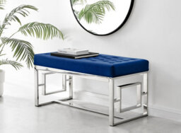 Furniturebox Uk Cambridge Modern Navy Blue Velvet & Silver Metal Bench - thumbnail 2