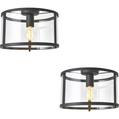Loops 2 Pack Semi Flush Low Ceiling Light - Matt Black & Clear Glass - 10W Max Led E27 - image 1