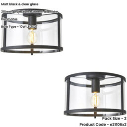 Loops 2 Pack Semi Flush Low Ceiling Light - Matt Black & Clear Glass - 10W Max Led E27 - thumbnail 2