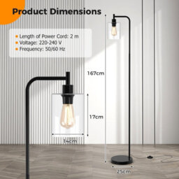 Costway Industrial Floor Lamp Standing Lamp With Hanging Glass Lampshade & Foot Switch Black - thumbnail 3