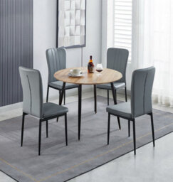 Hallowood Furniture Cullompton Small Round Dining Table 90Cm With 4 Faux Leather Grey Chairs