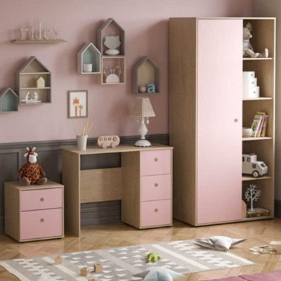 Lassic Junior Vida Neptune Pink & Oak  3 Piece Bedroom Furniture Set - Desk, Bedside Table, Wardrobe - image 1