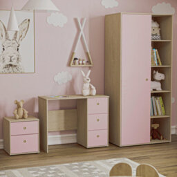 Lassic Junior Vida Neptune Pink & Oak  3 Piece Bedroom Furniture Set - Desk, Bedside Table, Wardrobe - thumbnail 2