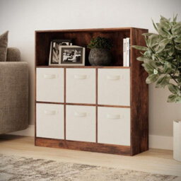 Urbn-Living Urbnliving 94Cm Height 7 Cubed Rustic Brown Wooden Cupboard Bookcase Storage Units Shelves With White 6 Drawers - thumbnail 1