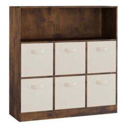 Urbn-Living Urbnliving 94Cm Height 7 Cubed Rustic Brown Wooden Cupboard Bookcase Storage Units Shelves With White 6 Drawers - thumbnail 3