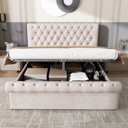 Matteo Luxurious Velvet Button-Tufted King Sleigh Bed With Hydraulic Storage - Beige - thumbnail 6
