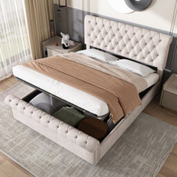 Matteo Luxurious Velvet Button-Tufted King Sleigh Bed With Hydraulic Storage - Beige - thumbnail 5