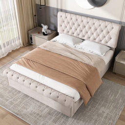 Matteo Luxurious Velvet Button-Tufted King Sleigh Bed With Hydraulic Storage - Beige - thumbnail 4
