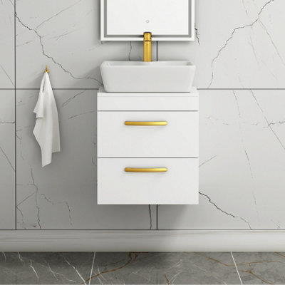 Royal Bathrooms 500mm Wall Hung Vanity Unit 2 Drawer Gloss White & Cube Countertop Basin With Brushed Brass Handle - image 1