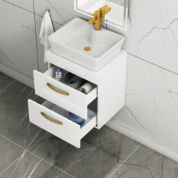 Royal Bathrooms 500mm Wall Hung Vanity Unit 2 Drawer Gloss White & Cube Countertop Basin With Brushed Brass Handle - thumbnail 3