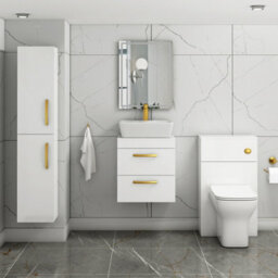 Royal Bathrooms 500mm Wall Hung Vanity Unit 2 Drawer Gloss White & Cube Countertop Basin With Brushed Brass Handle - thumbnail 2