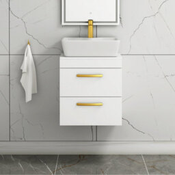 Royal Bathrooms 500mm Wall Hung Vanity Unit 2 Drawer Gloss White & Cube Countertop Basin With Brushed Brass Handle - thumbnail 1