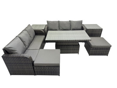 Fimous Rattan Garden Furniture Set 8-Seater Patio Height Adjustable Rising Lifting Table Sofa Set With 2 Side Table 2 Big Stool - image 1