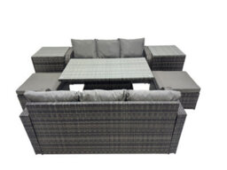 Fimous Rattan Garden Furniture Set 8-Seater Patio Height Adjustable Rising Lifting Table Sofa Set With 2 Side Table 2 Big Stool - thumbnail 2