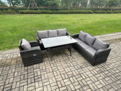 Fimous 7 Seater Lounge Rattan Sofa Set Outdoor Garden Furniture Rectangular Dining Table With Adjustable Chair - image 1