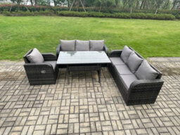 Fimous 7 Seater Lounge Rattan Sofa Set Outdoor Garden Furniture Rectangular Dining Table With Adjustable Chair - thumbnail 2