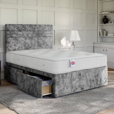 Divan Base Direct Crushed Velvet Pewter Platform Top Divan Bed Base Only 4Ft6 Double With 2 End Drawers - image 1