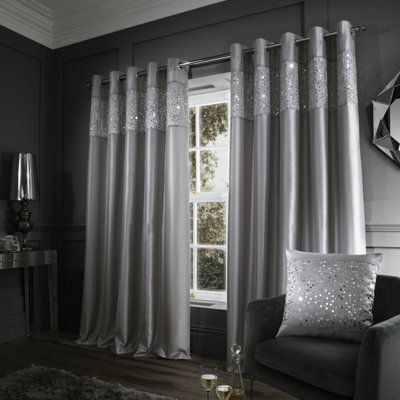 Catherine Lansfield Living Glitzy 90X90 Inch Eyelet Curtains Two Panels Grey - image 1