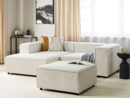 Beliani Modular Corner Sofa 3 Seater Ardal Corduroy Off-White With Ottoman Right Hand - thumbnail 2