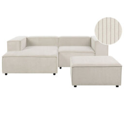 Beliani Modular Corner Sofa 3 Seater Ardal Corduroy Off-White With Ottoman Right Hand - thumbnail 1
