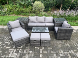 Fimous 8 Seater Rattan Garden Furniture Set Outdoor Patio Sofa Set With 2 Armchairs 2 Side Tables Oblong Table 3 Footstools - thumbnail 1