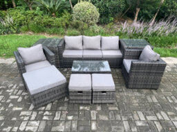 Fimous 8 Seater Rattan Garden Furniture Set Outdoor Patio Sofa Set With 2 Armchairs 2 Side Tables Oblong Table 3 Footstools - thumbnail 2