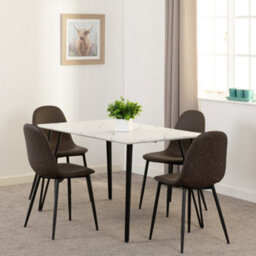 Seconique Marlow Dining Set White Marble Effect With 4 Brown Faux Leather Chairs