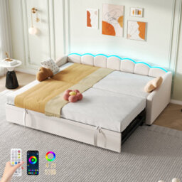 BTM Upholstered Bed 90X190Cm, Daybed With Rgb Led Lighting, 3Ft Petal Shape Single Bed With Trundle, Velvet, Beige