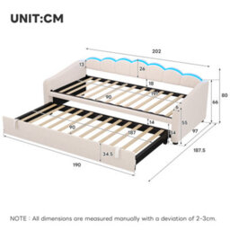 BTM Upholstered Bed 90X190Cm, Daybed With Rgb Led Lighting, 3Ft Petal Shape Single Bed With Trundle, Velvet, Beige - thumbnail 9