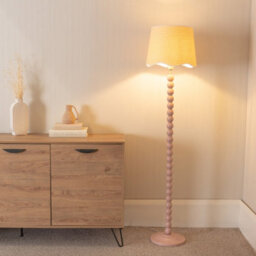 Valuelights Bobbins Painted Rose Floor Lamp With Linen Scallop White Trim Shade