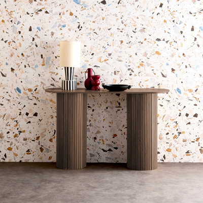 Sweeek - Scandinavian Oval Console With Grooved Wooden Effect Legacy Walnut 120X35X75 Cm