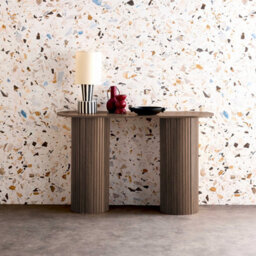 Sweeek - Scandinavian Oval Console With Grooved Wooden Effect Legacy Walnut 120X35X75 Cm - thumbnail 1