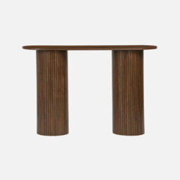 Sweeek - Scandinavian Oval Console With Grooved Wooden Effect Legacy Walnut 120X35X75 Cm - thumbnail 2