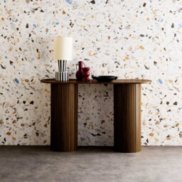 Sweeek - Scandinavian Oval Console With Grooved Wooden Effect Legacy Walnut 120X35X75 Cm - thumbnail 5