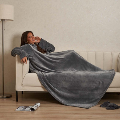 Ohs Coral Fleece Wearable Blanket With Sleeves Throw, Charcoal - 135 X 170Cm - image 1