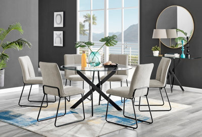 Furniturebox Novara Clear Tempered Glass 120Cm Round Dining Table With Black Starburst Legs & 6 Taupe Halle Soft Fabric Chairs - image 1