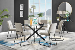 Furniturebox Novara Clear Tempered Glass 120Cm Round Dining Table With Black Starburst Legs & 6 Taupe Halle Soft Fabric Chairs - thumbnail 1