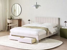 Beliani Bed With Storage Drawers Velvet Lonzac 140 X 200 Cm (Eu Double) Off-White - thumbnail 2