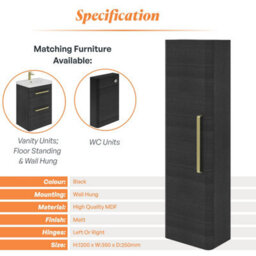 Plum&clay Emery Wall Hung Textured Black Tall Bathroom Cabinet With Gold Bar Handle (H)120Cm (W)35Cm - thumbnail 5