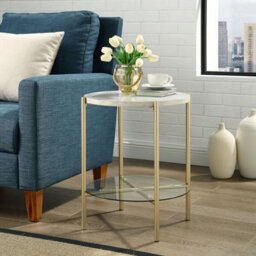 "Simpa 22"" Round Faux White Marble & Gold Side Table Gold Legs" - thumbnail 4