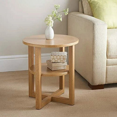2 Tier Small Sofa Side Table Coffee End Round Oak Unit Shelf - image 1