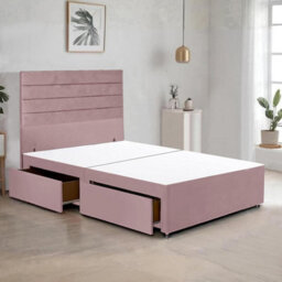 Pink Plush Fabric 6Ft Super King Bed Frame With 48 Inch Horizontal Line Headboard And 2 Drawers - thumbnail 1