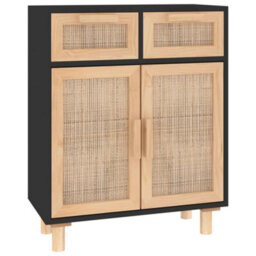Berkfield Durable Sideboard Black 60X30X75 Cm Solid Wood Pine And Natural Rattan