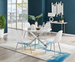 Furniturebox Uk Novara White Marble 120Cm Round Dining Table & 4 White Corona Silver Chairs