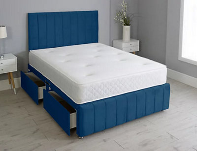Comfy Deluxe 6Ft Superking Panel Blue Plush Divan Bed Set Headboard & Footboard 0 Drawers - image 1
