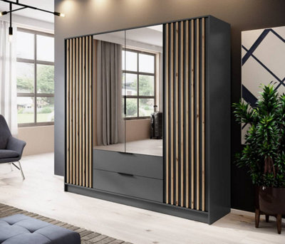 Arte Nelly Contemporary Mirrored Hinged 4 Door Wardrobe Graphite 2 Drawers 8 Shelves 1 Rail Lamela Decor (H)2000mm (W)2060mm (D)510mm - image 1