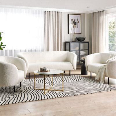 Beliani White Bouclé 3-Seater Sofa With Matte Black Iron Legs, L200 X D70 X H79Cm - image 1