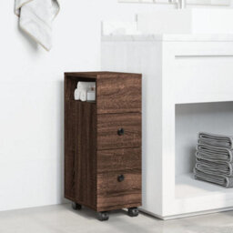 Berkfield Narrow Bathroom Cabinet With Wheels Brown Oak Engineered Wood - thumbnail 3