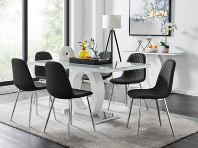 Furniturebox Giovani Rectangular 6 Seat White High Gloss Unique Halo Dining Table Grey Glass Top 6 Black Faux Leather Silver Leg Corona Chairs - image 1